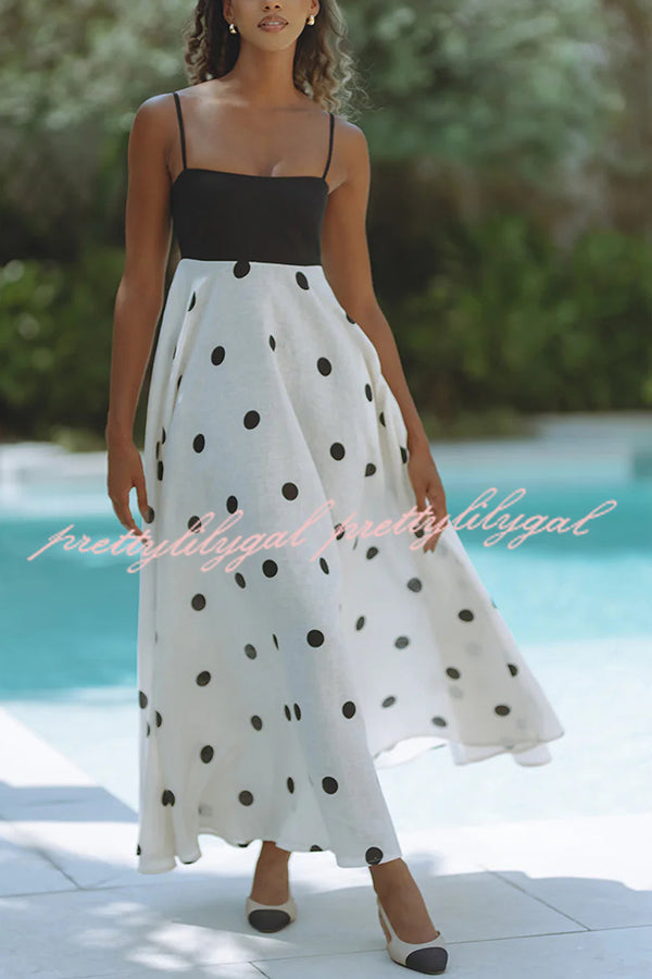 Alias Linen Blend Polka Dot Colorblock Back Smocked Pocket Slip Maxi Dress