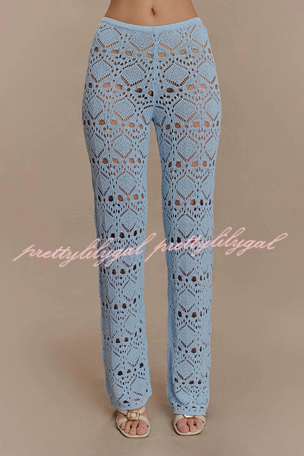 Trena Crochet Knit Hollow Mid Rise Stretch Wide Leg Pants