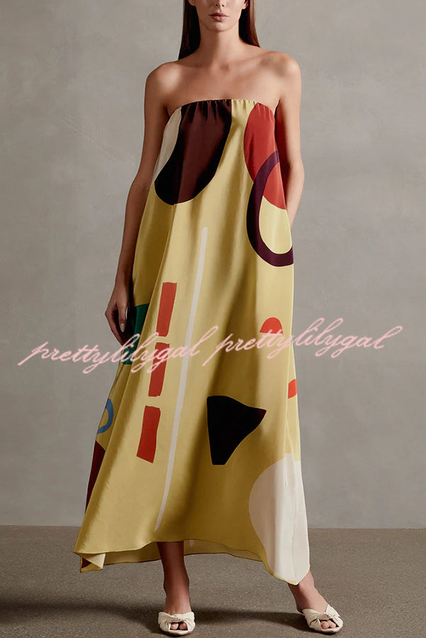 Miss Me Satin Unique Printed Off Shoulder Pocketed Loose Maxi Dress