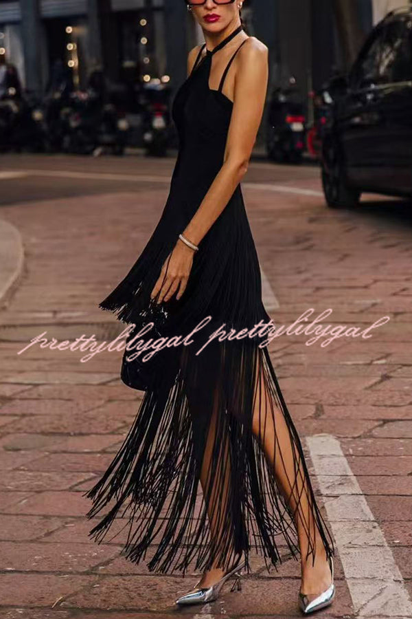 Sexy Halterneck Open Back Elegant Tassel Slim Maxi Dress