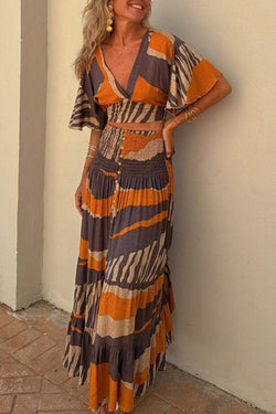 Raya Colorblock Print Bell Sleeve Crop Top and Smocked Waist Button Maxi Skirt Set