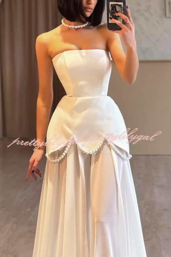 Jiya Satin Petal Hem Pearl Detail Chiffon Cape Strapless Maxi Dress