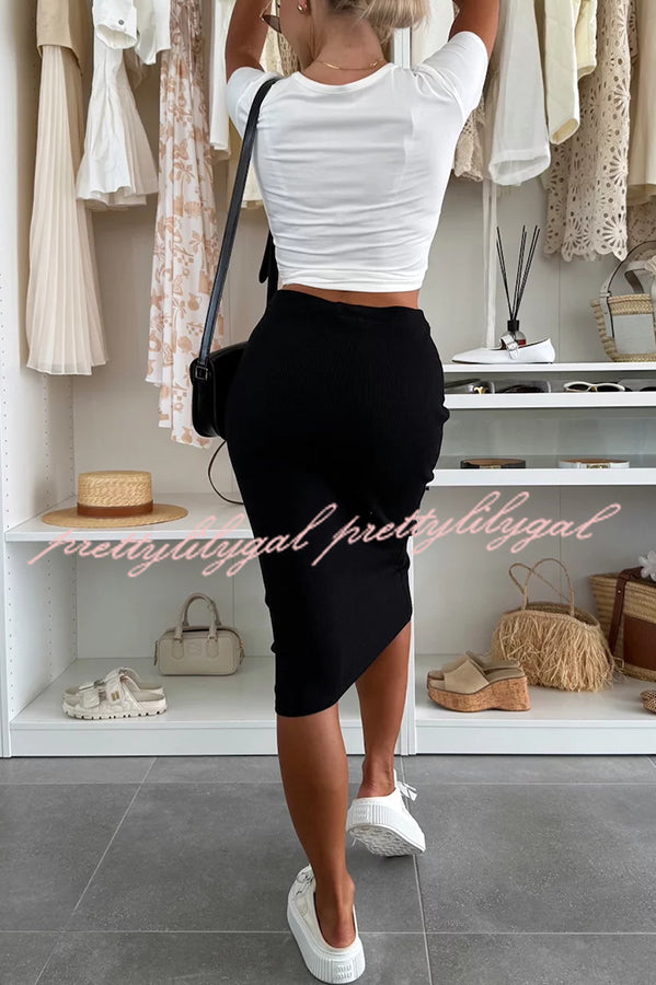 Perfect Basics Ribbed Knit Elastic Waistband Stretch Midi Skirt