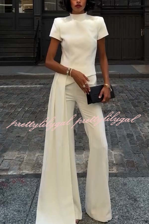 Pippa High Neck Short Sleeve Irregular Drape Hem Top and Elastic Waist Flare Pants Set