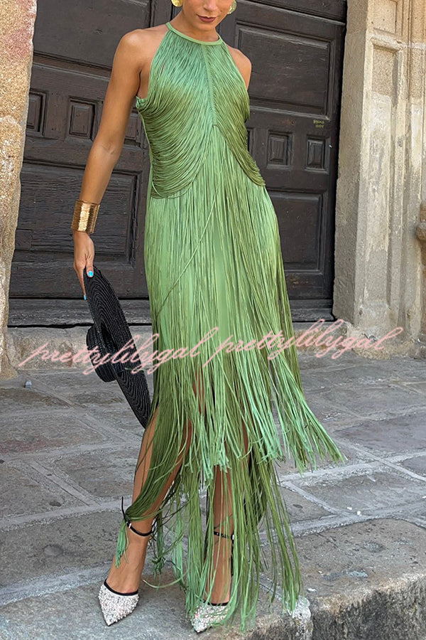 Fashion Sleeveless Halter Neck Elegant Tassel Slim Maxi Dress