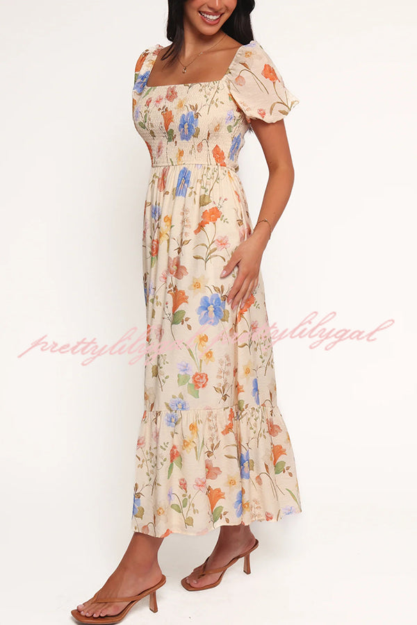 Dreamy Floral Print Square Neck Puff Sleeve Smocked Maxi Dress
