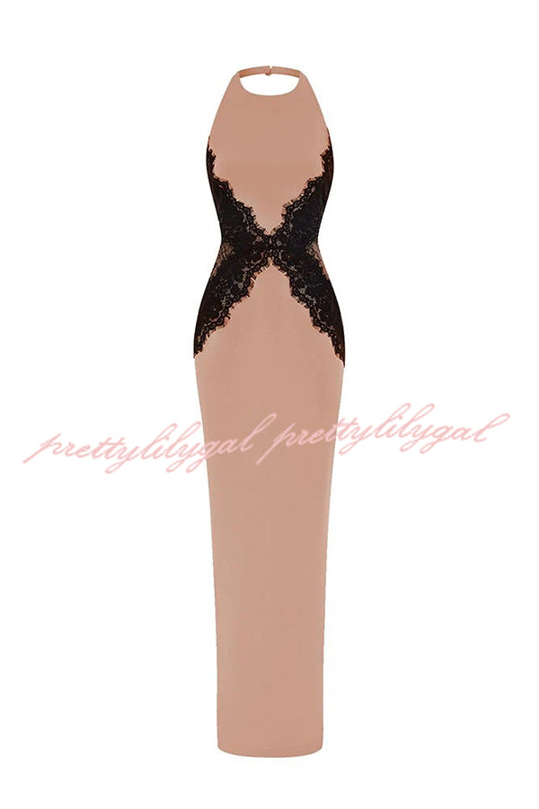 Sexy Halterneck Lace Paneled Backless Slim Maxi Dress