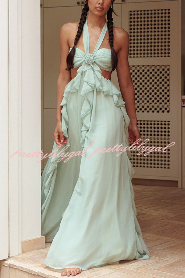 Gorgeous Vacation Halter Rose Detail Cut Out Ruffles Backless Maxi Dress