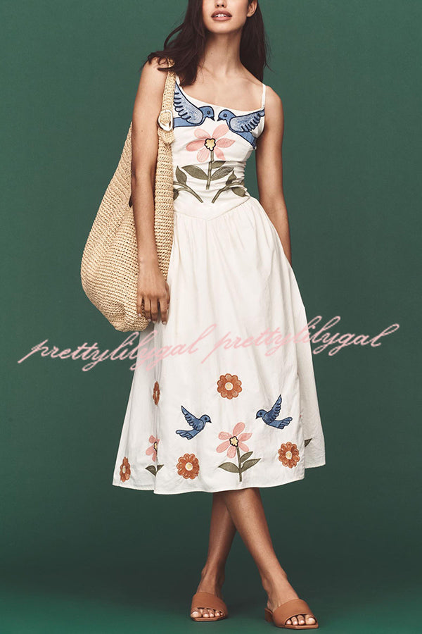 Embroidered Printed Suspenders Pleated Holiday Midi Dress