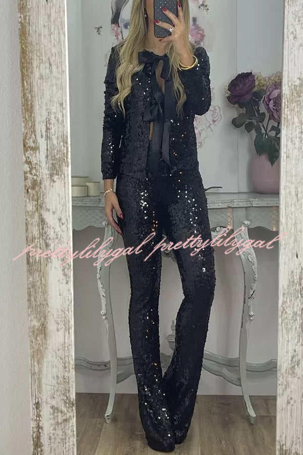 Holiday Cheer Sequin High Rise Elastic Waist Flared Stretch Pants