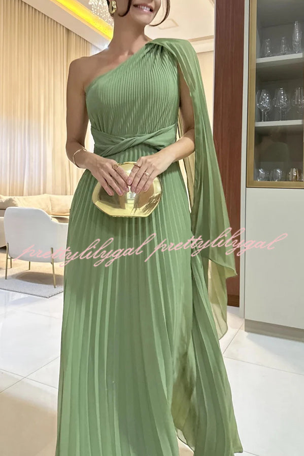 Kate Pleated One Shoulder Drape Sleeve Twist Waist Maxi Dress