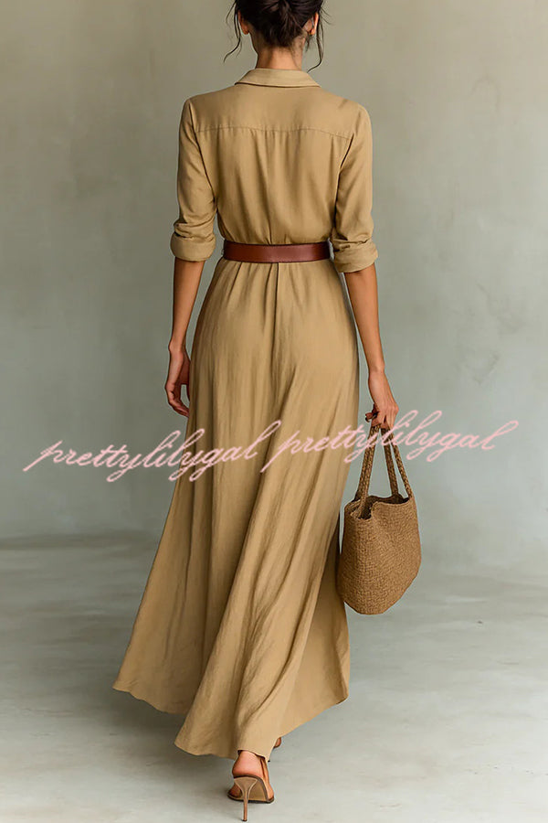 City Sleek Single Breasted Long Sleeve Warp Slit Shirt Maxi Dress
