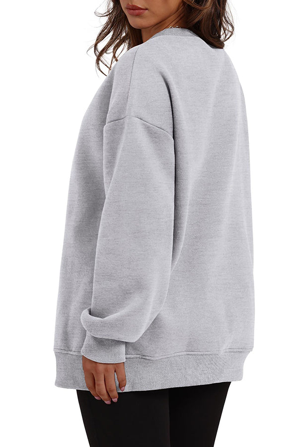 Solid Color Round Neck Pocket Loose Warm Long Sleeve Sweatshirt