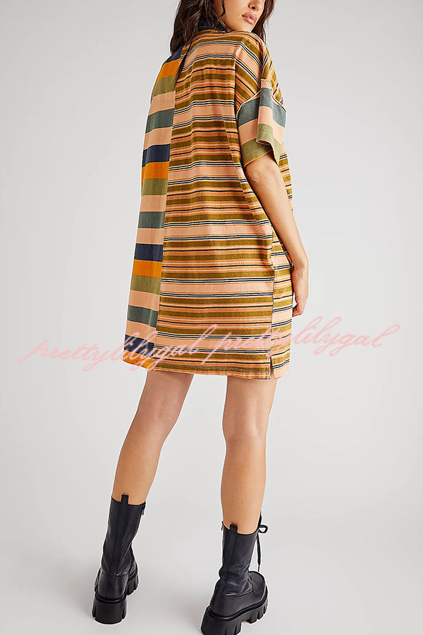 Contrast Striped Patchwork Denim Lapel Loose Casual Mini Dress