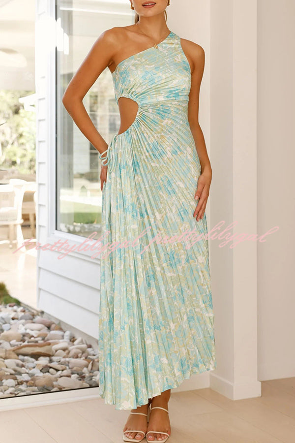 Charming One Shoulder Lace Up Cutout Pleated Maxi Dress