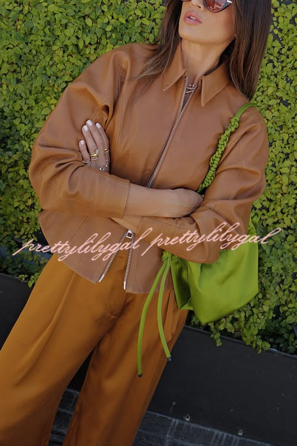 Pop of Brown Faux Leather Double Zipper Detail Balloon Sleeve Lapel Jacket