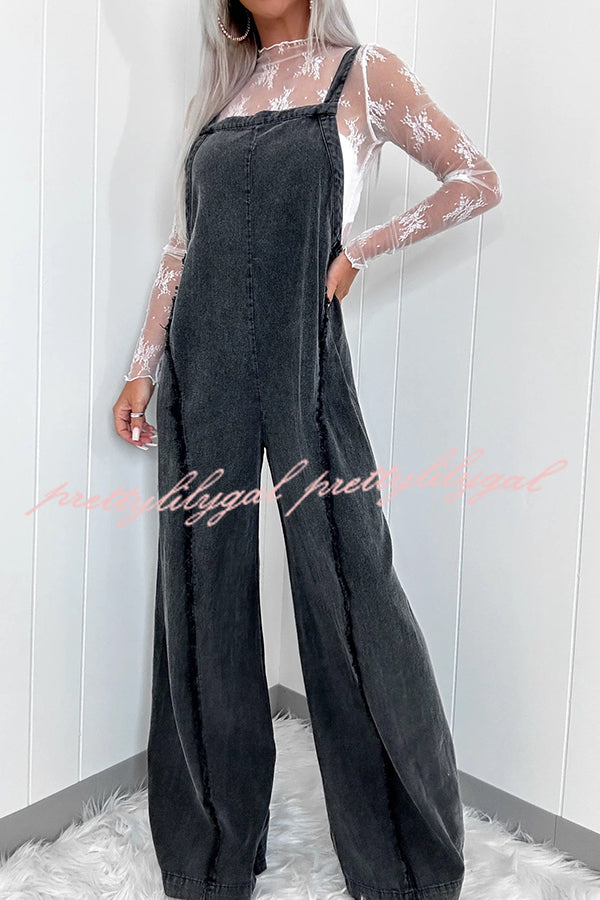 Vintage Washed Denim Raw Edge Elastic Waist Wide Leg Jumpsuit