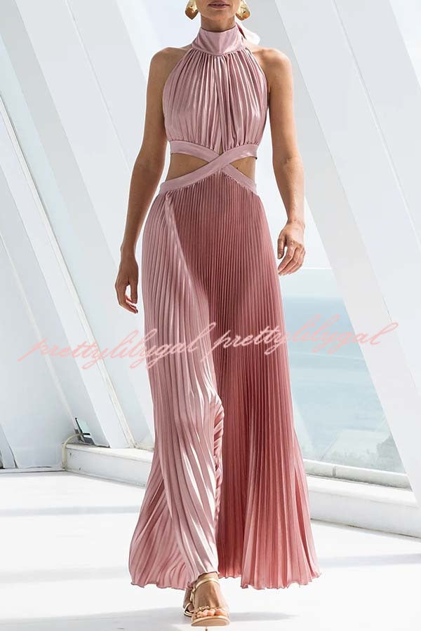 Stunning Choice Satin Pleated Halter High Neck Cutout Waist Backless Maxi Dress