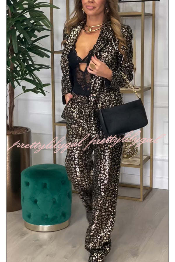 Mona Leopard Metallic Fabric Lapel Boyfriend Blazer and Elastic Waist Pocketed Loose Pants Set