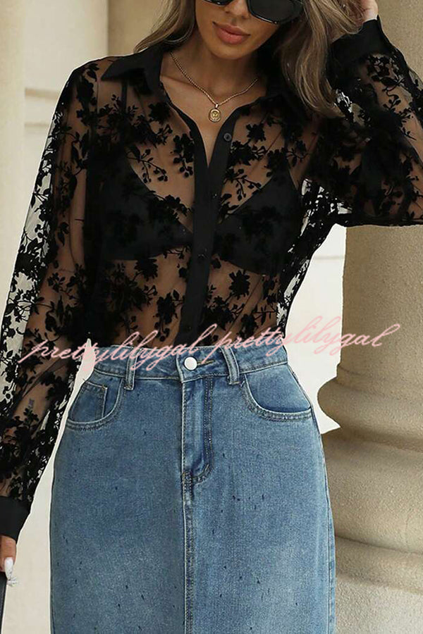 Fashion See-through Plant Lace Long Sleeve Loose Shirt