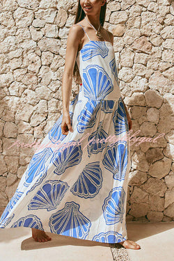 Linen Blend Shell Print Loose Strappy Resort Style Maxi Dress