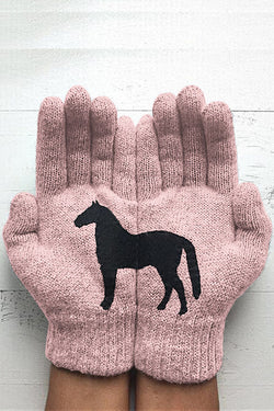 Printed Knitted Gloves Short Thickened Warm Finger Gloves-Dark Horse