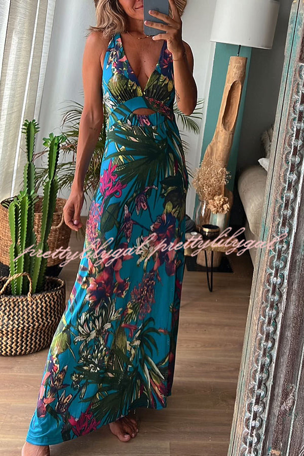 Rainforest Paradise Tropical Print Cutout Back Crossover Stretch Maxi Dress