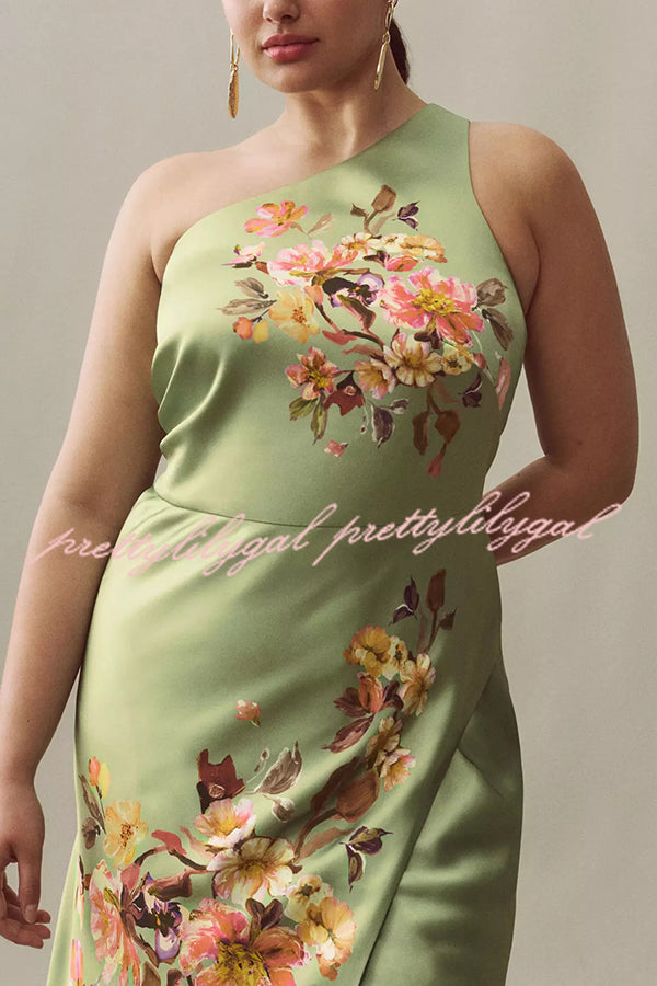 Wedding  Guest Satin Floral Print One Shoulder Side Slit Maxi Dress