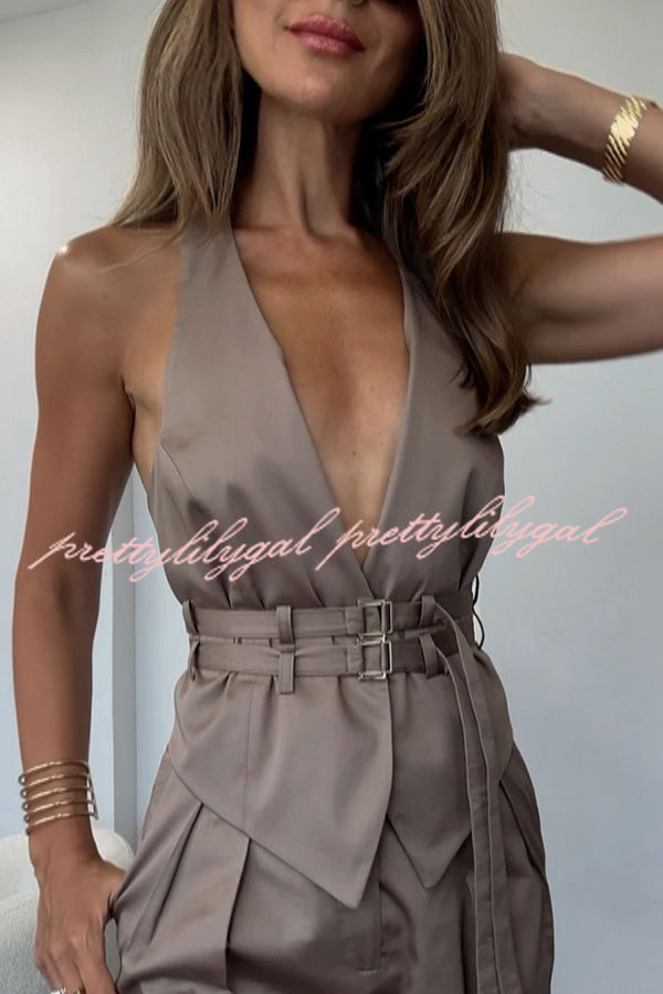 Sexy Backless Belted Waistcoat and Casual Pocket Pants Set