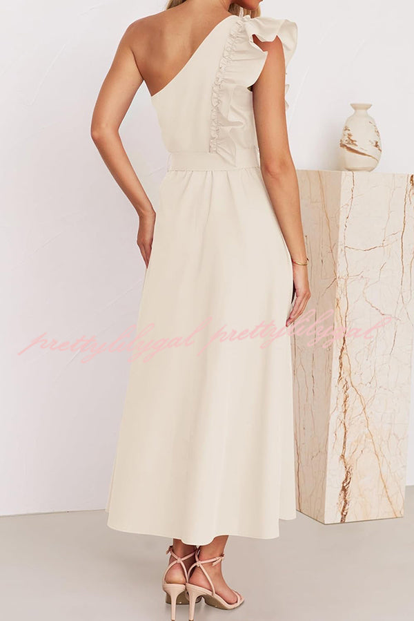 Solid One Shoulder Ruffled Sleeves Tie Waist Maxi Dress