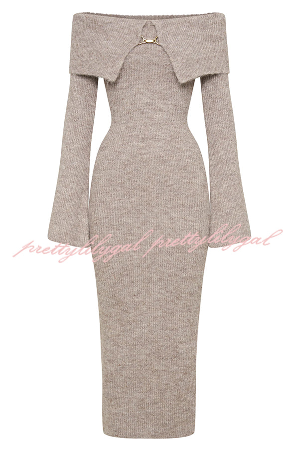 Solid Color Off-shoulder Long-sleeved Elegant Slim-fit Knit Maxi Dress