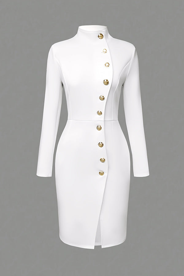 Solid Color Stand Collar Metal Button Slim Midi Dress – prettylilygal
