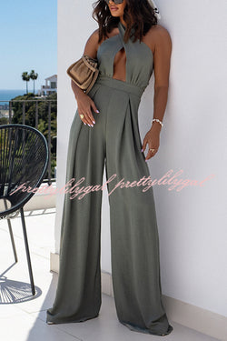 Easy Mode Cross-neck Halter Strap Backless Wide Leg Jumpsuit