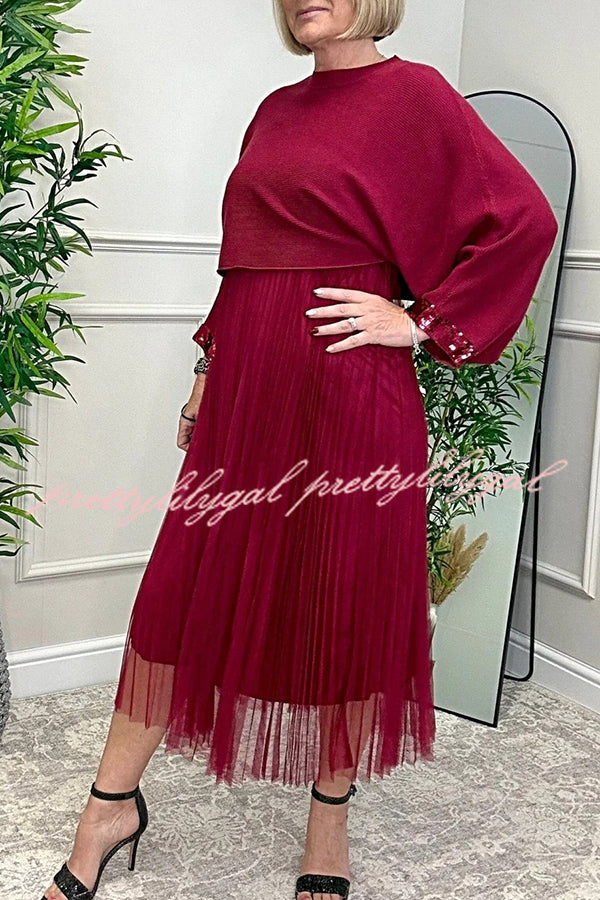 Fenna Ribbed Sequin Trim Batwing Sleeve Sweater and Pleated Tulle Stretch Tank Midi Dress Two-piece Set