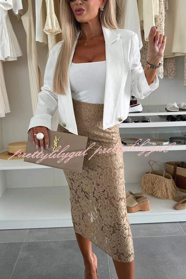 Lesia Floral Lace High Rise Slit Stretch Midi Skirt