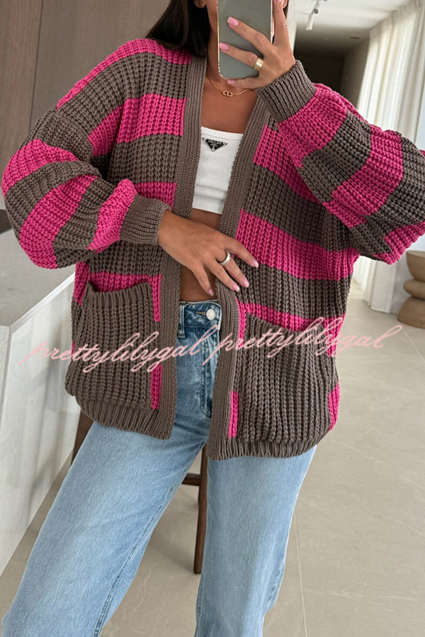 Fashionable Patchwork Striped Casual Pocket Knitted Sweater