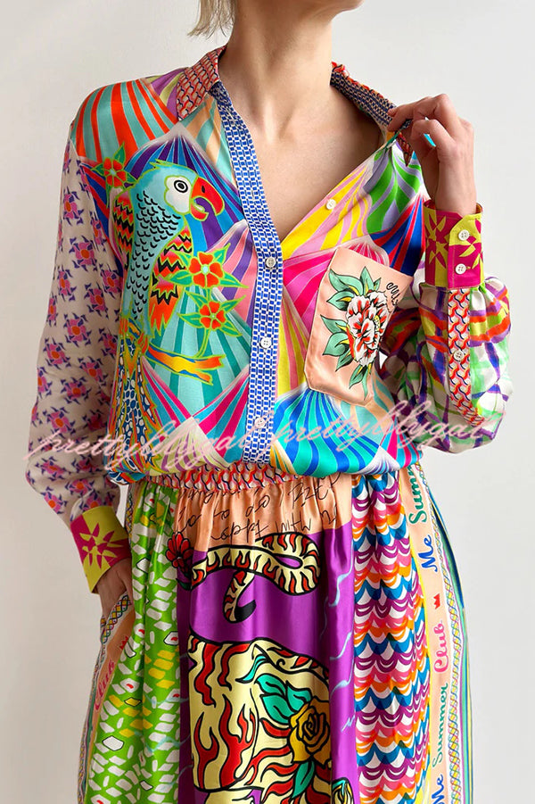 You Make Me Wonder Satin Colorful Unique Print Button Down Oversized Blouse