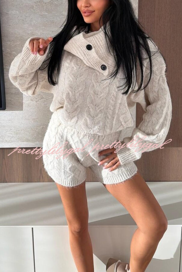 Diviano Cabble Knit Button Scarf Long Sleeve Sweater and Stretch Mini Shorts Set（3 Pieces）