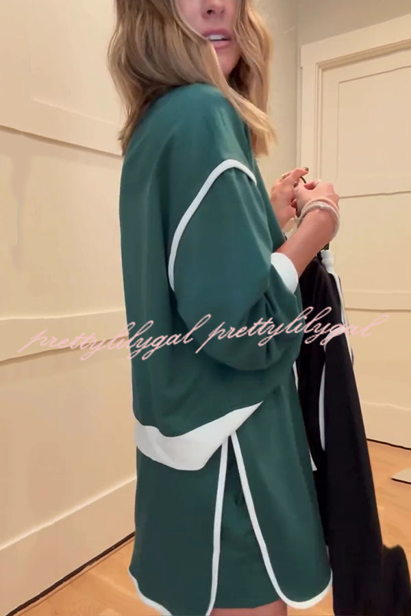 Fashion Round Neck Long Sleeve Spliced Casual Top and Elastic Waist Loose Shorts Set