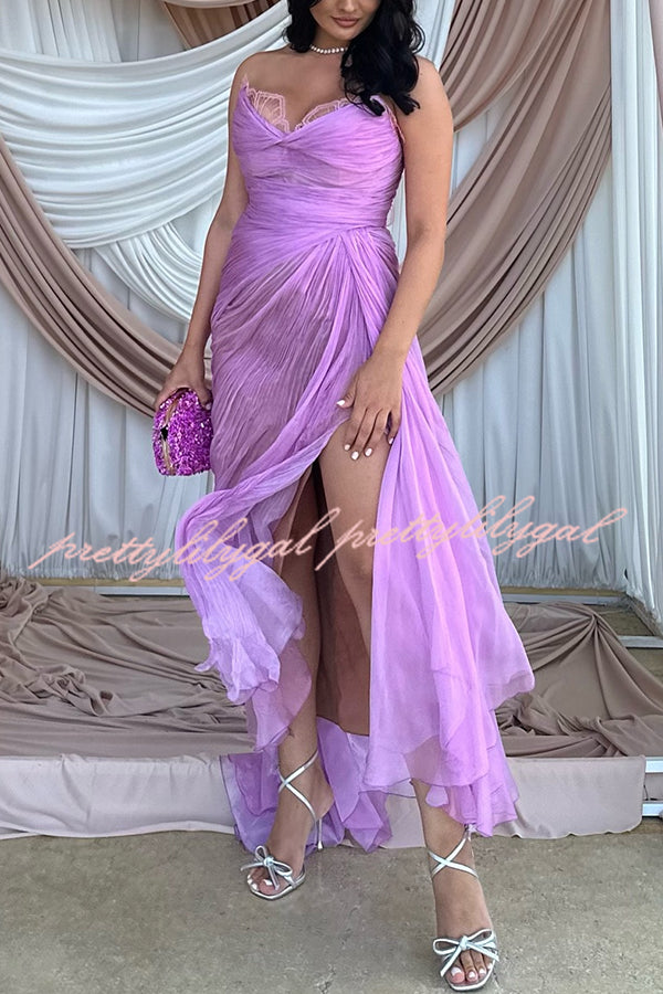 Julie Tulle Lace Trim Off Shoulder Ruched Back Lace-up Drape Slit Maxi Dress