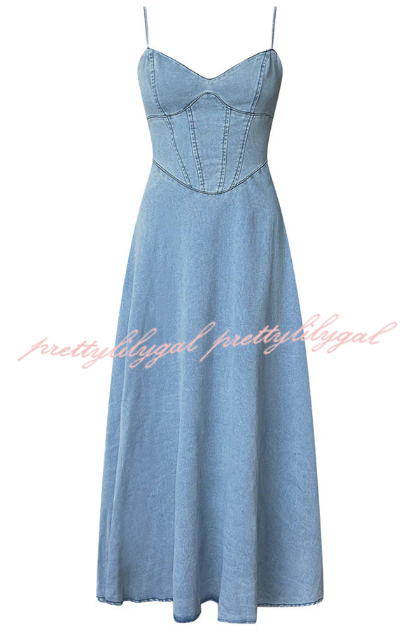 Solid Color Sleeveless Suspender Pleated Back Faux Denim Midi Dress