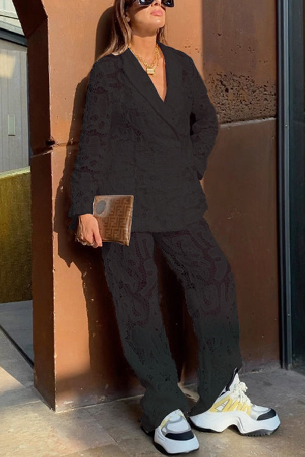 Fashionable Lace Long-sleeved Lapel Loose Top and Casual Hollow Pants Set