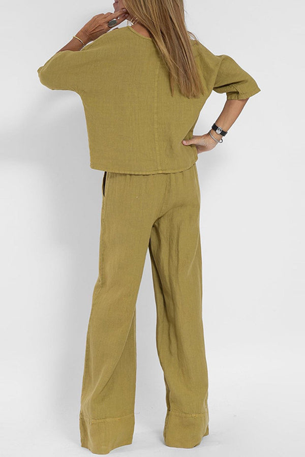 Linen Blend Solid Color Casual Round Neck Top and Loose Wide-leg Pants Set