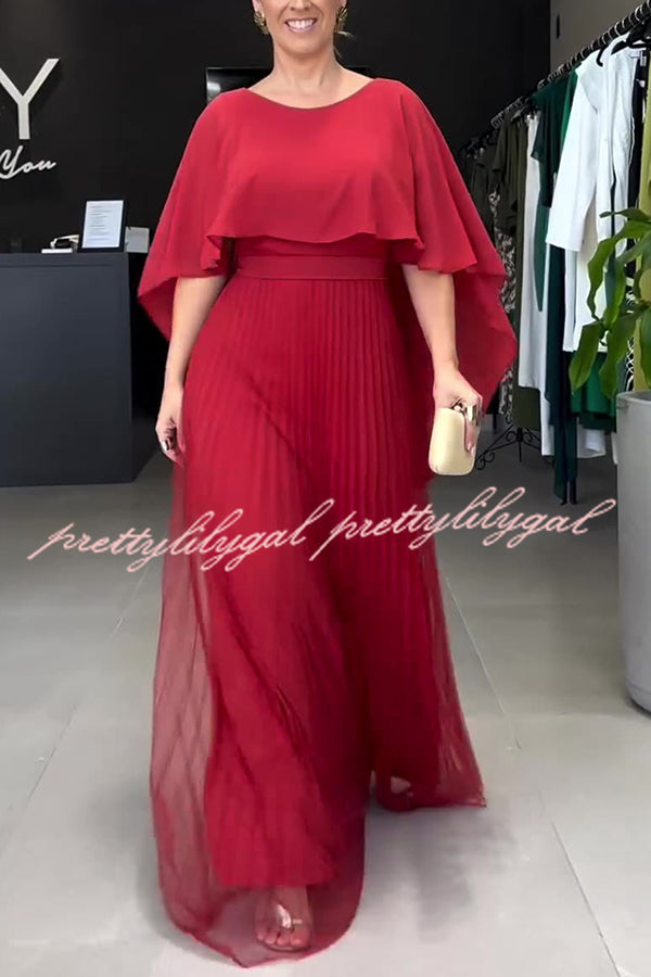 Ready for Holiday Cape Sleeve Tie-up Pleated Maxi Dress