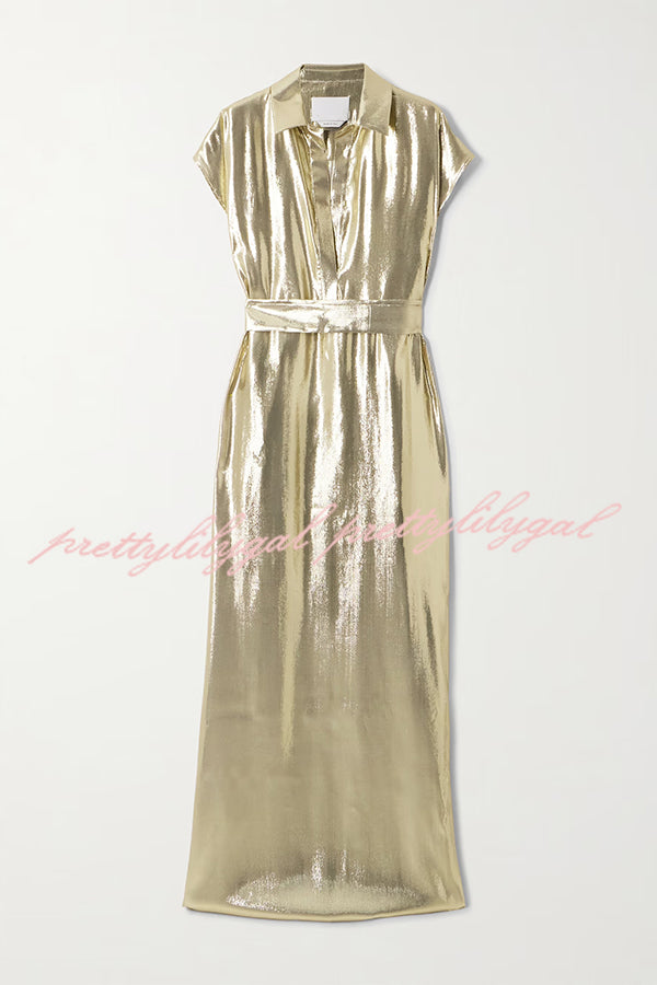Francesca Metallic Satin-blend Button Short Sleeve Belted Shirt Maxi Dress