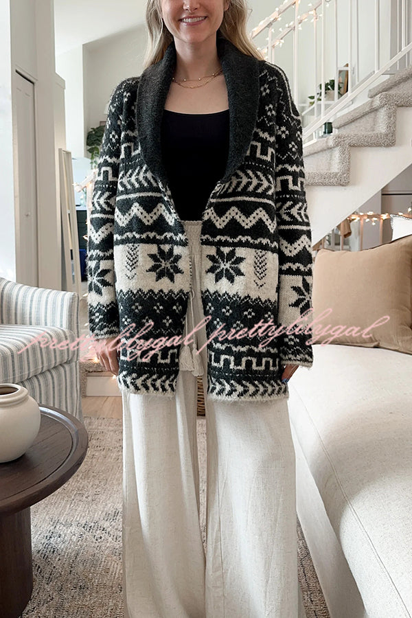 Winter Snowflake Waist Tie Lapel Midi Pocket Knit Cardigan