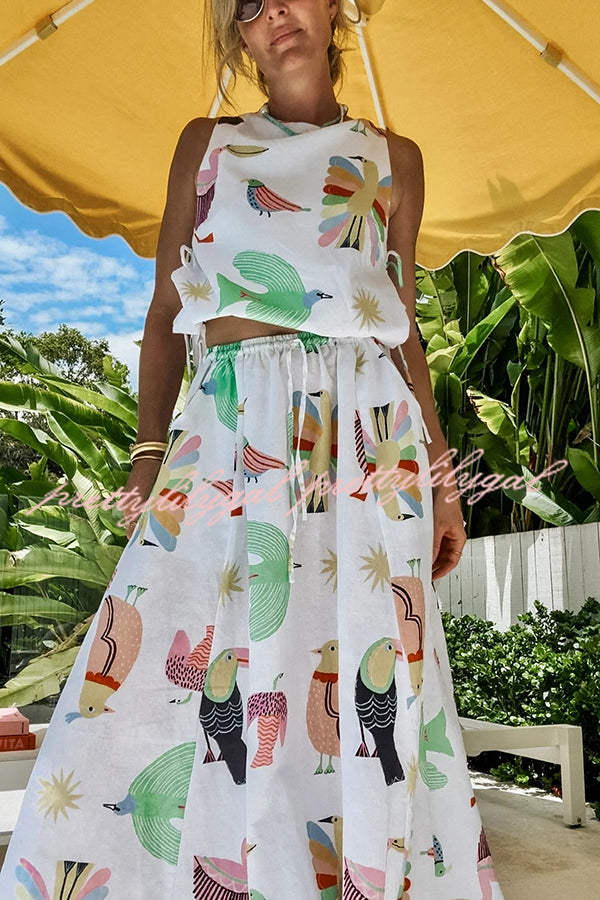 Island Paradise Linen Blend Unique Print Tie-up Slit Tank and Elastic Waist Pocketed Maxi Skirt Set