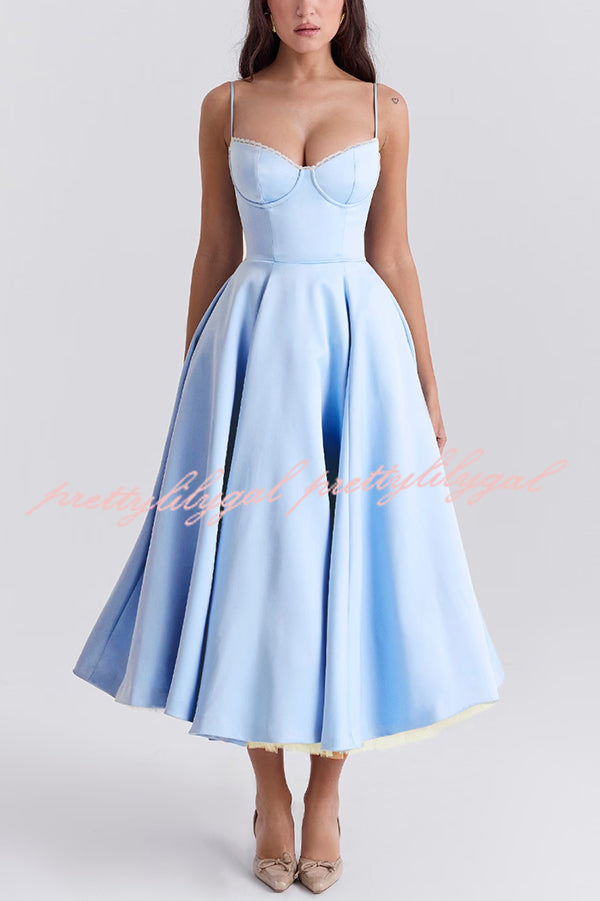 Fairytale Vibe Satin Patchwork Tulle Sweetheart Neck Pocket Stretch Midi Dress