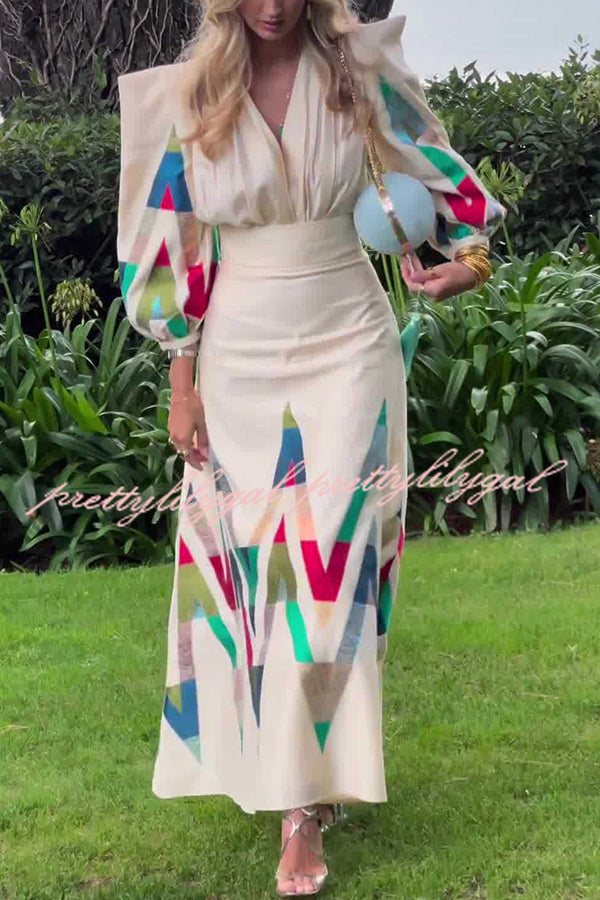 Highest Elegance Colorful Triangle Print Padded Shoulder Blouse and High Rise Maxi Skirt Set