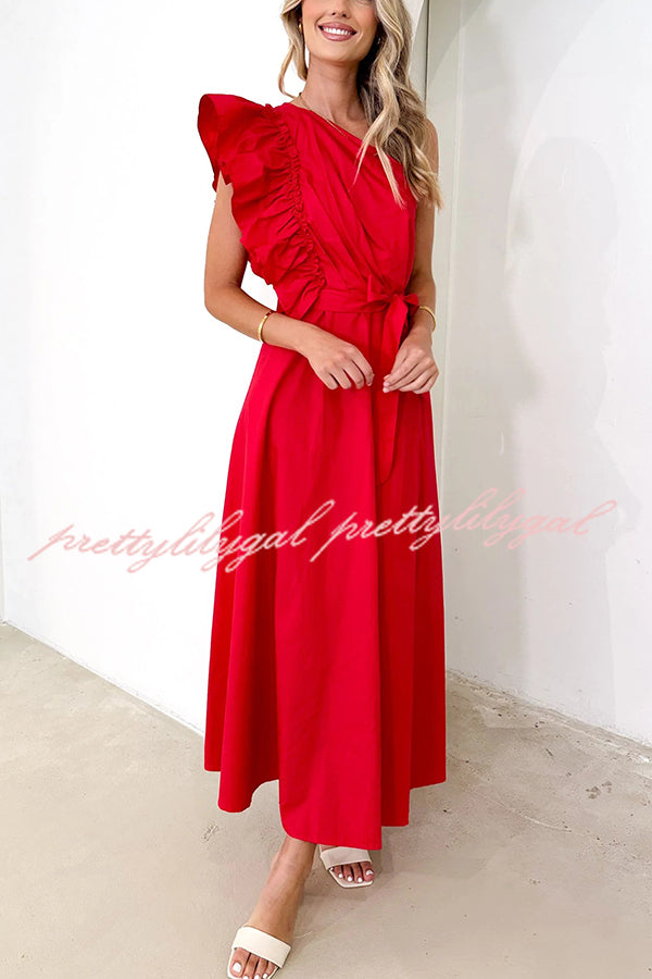 Solid One Shoulder Ruffled Sleeves Tie Waist Maxi Dress